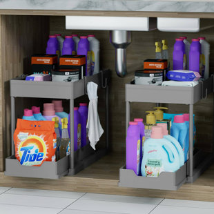 Ensemble de rangement sous le lavabo, paquet de 2 paniers coulissants à 2 niveaux, armoire de salle de bain polyvalente, paniers de rangement pour la salle de bain (gris)