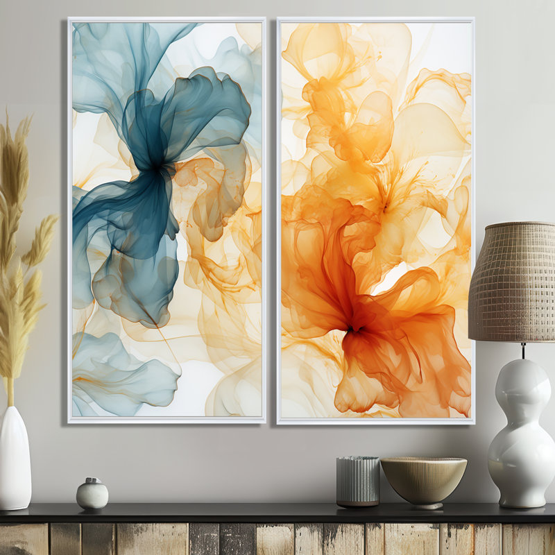 Collages à l'encre orange et bleu - art mural moderne, 20" H x 24" W, Impression encadrée flottante, White