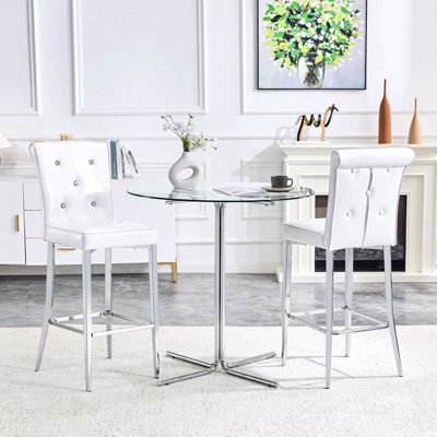 Modern 3-Piece Bar Height Dining Set, Clear Round Glass Table with Gold Metal Base & 2 Upholstered Bar Stools with Crocodile Pattern, Kitchen Island B