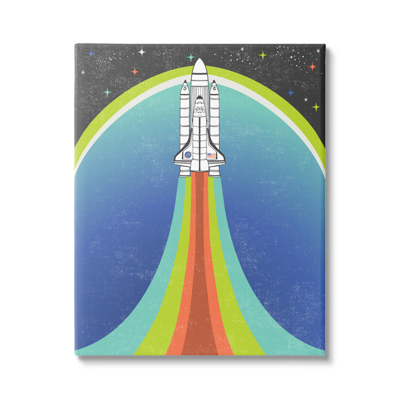 Rocket Ship Taking Off Outer Space Striped Pattern Picture Frame Graphic Art on MDF, 30" W x 40" H, Wrapped Canvas
