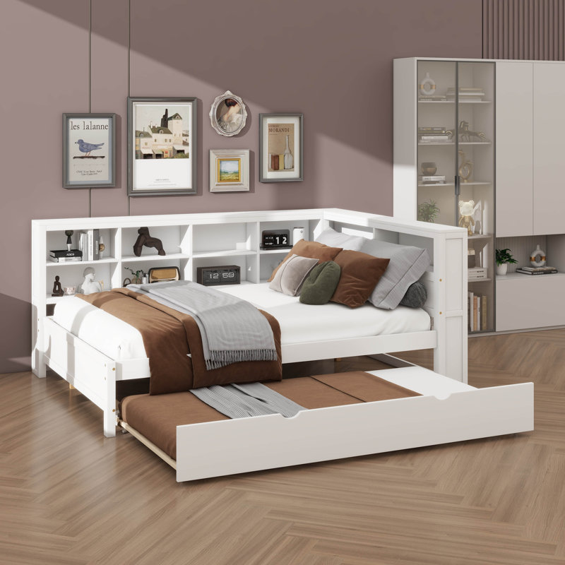 Lit de jour double en bois avec lit gigogne, tablette de rangement et ports de chargement USB