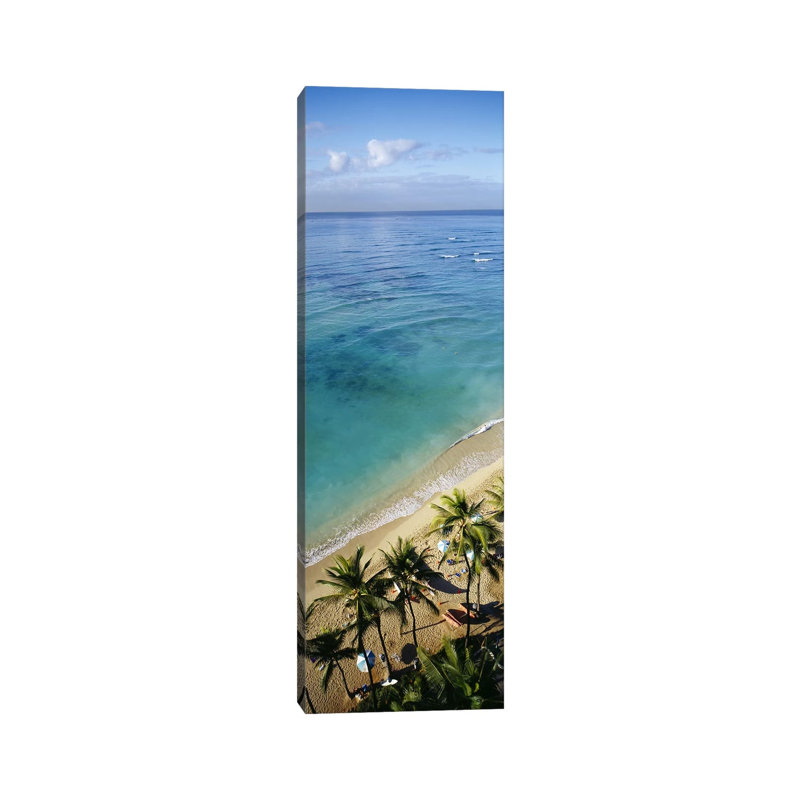 High Angle View of Palm Trees with Beach Umbrellas on the Beach, Waikiki Beach, Honolulu, Oahu, Hawaii, USA 1 Piece Wrapped Canvas Panoramic Wall Art