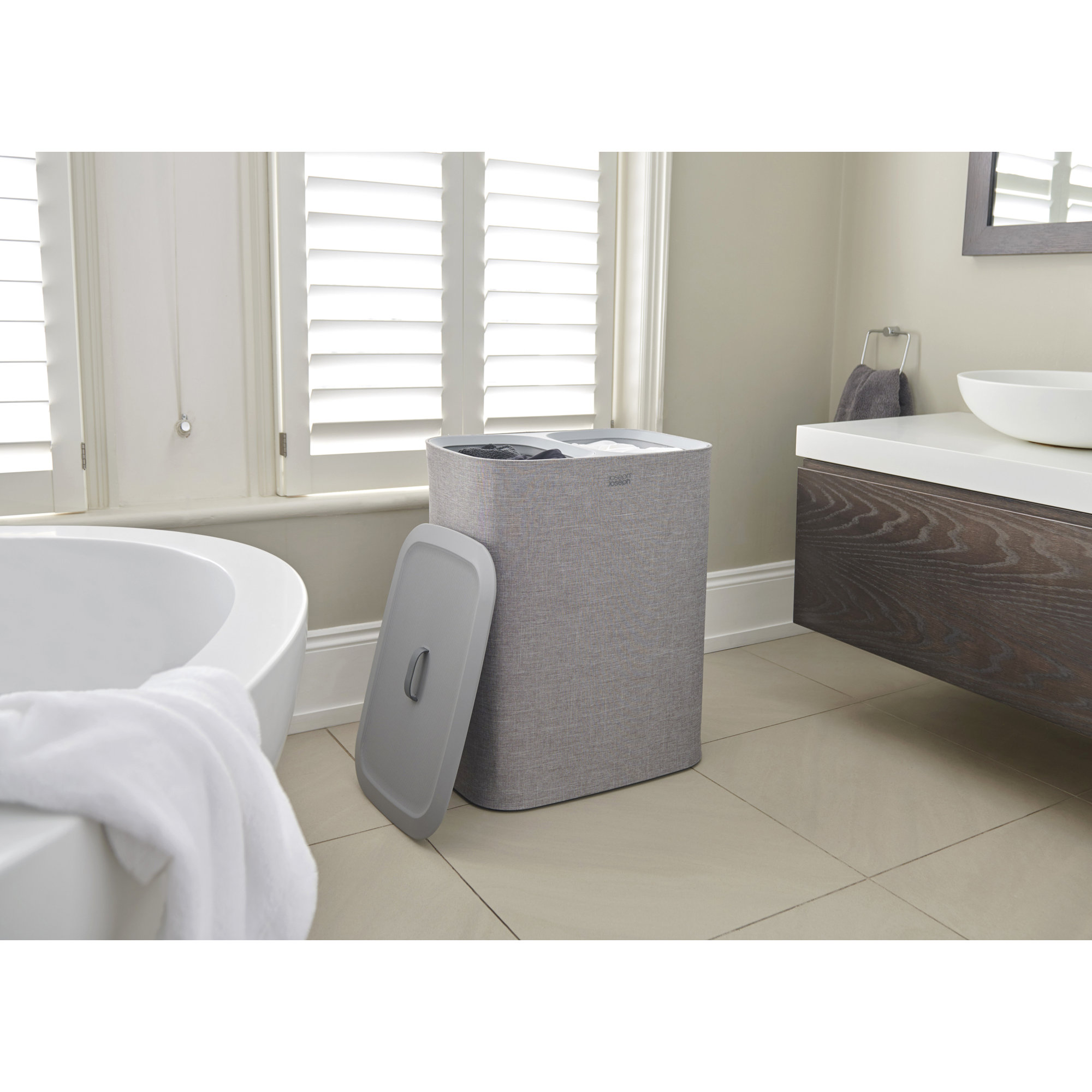 Joseph Joseph Tota Laundry Hamper Separation Basket with Lid, Gray, 90-Liter (15.75" x 22.25" x 28")