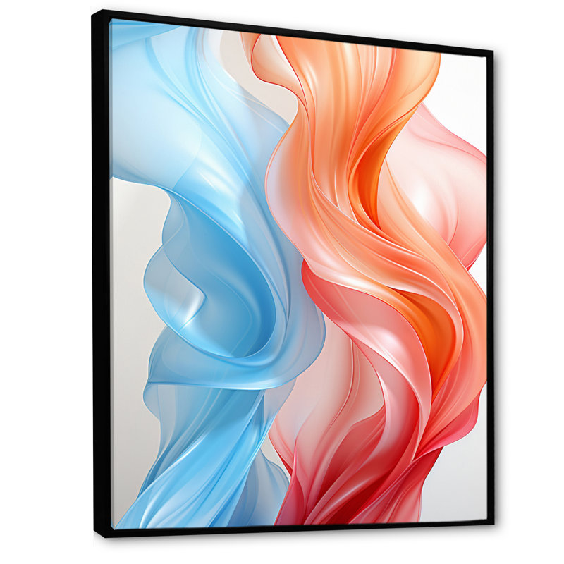 Ondes abstraites contemporaines orange et bleu I - impression, Cadre flottant noir, H 32 po x l 16 po x P 1 po