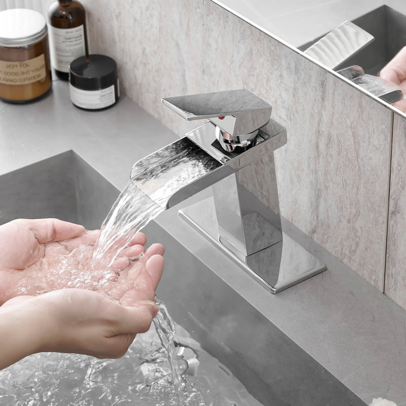 Sink Faucet With Deck Plate Waterfall Chrome Bathroom Faucets For Sink 1 Hole Or 3 Holes One Handle Faucets, Chrome