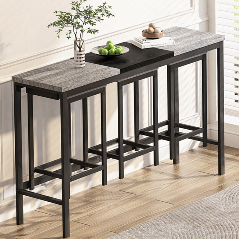 Table de salle à manger de cuisine moderne, table de pub, ensemble de table de salle à manger longue avec 3 tabourets, conception de tabouret suspendu pratique, gris et noir