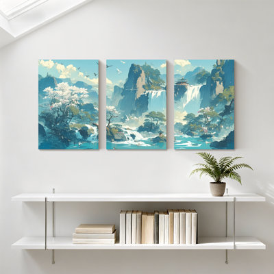 Landscape & Nature Mountain Waterfall Cherry Blossom Landscape Painting Set of 3 Canvas Wall Art Prints