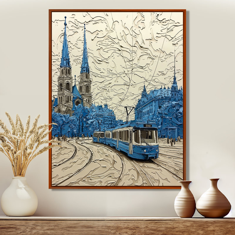 Trams in Vienna Cityscape - Art mural de Vienne, H 20 po x l 12 po, Floater Framed Print, Brun