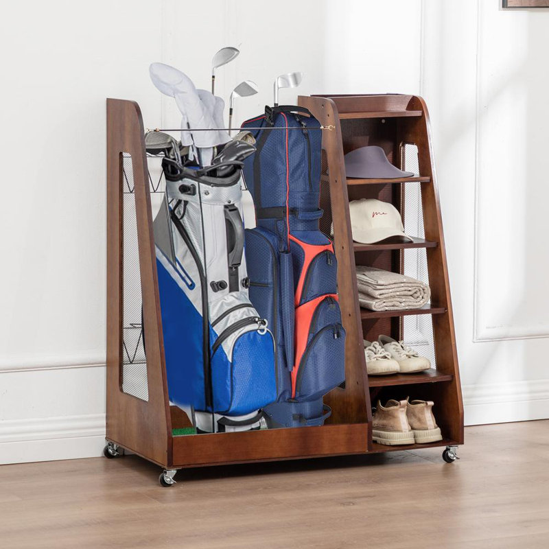 Organisateur de sac de golf autoportant en bois de qualité supérieure et support de rangement, Brun