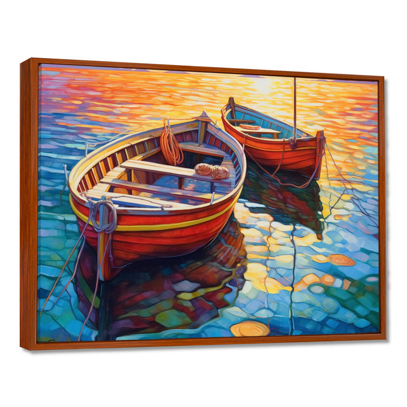 Deux bateaux dans le port I - art mural port côtier, H 24 po x l 32 po x P 1 po, Cadre flottant brun