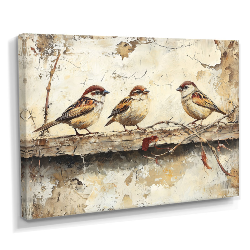 Bird Sparrows By The Farm House - art mural grand oiseau, 30" H x 40" W, Toile tendue sur cadre, Does Not Apply