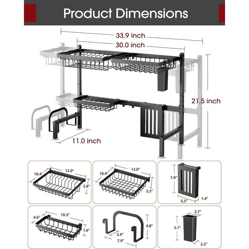 Over The Sink Dish Drying Rack - Adjustable 2 Tier Large Capacity Stainless Steel Drainer with Cutlery & Utensil Holders, Kitchen Storage & Organization