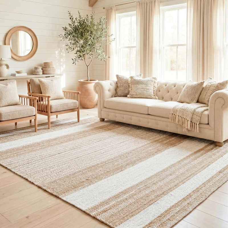 Reva Jute Striped Rug / Farmhouse Style White and Brown Rugs for Living Room and Bedroom, 4x6