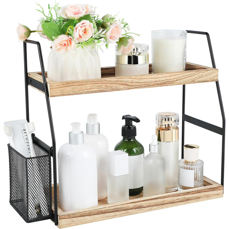 Bathroom Counter Organizer, 2-Tier Standing Storage Shelf With Basket, Wood Tray For Skincare Vanity Organizer