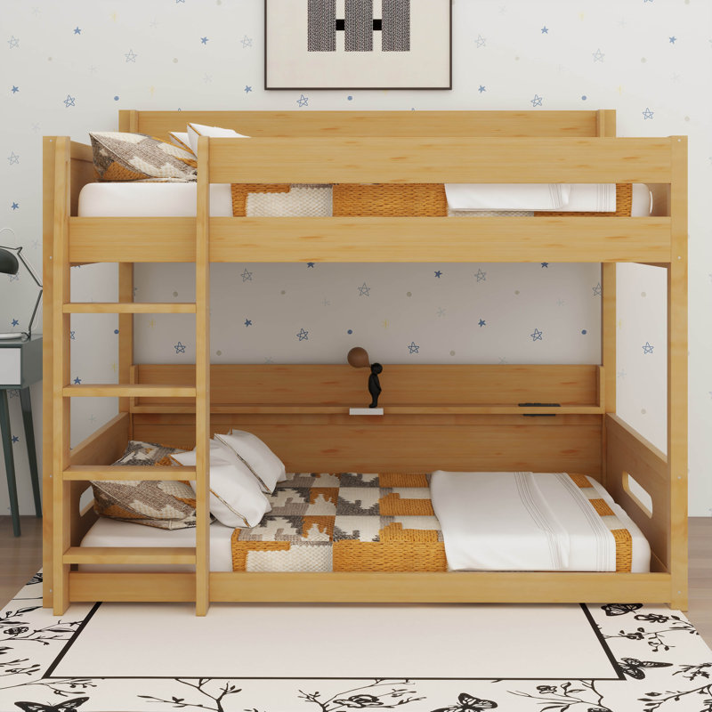 Lit superposé grand sur grand avec tablettes de rangement et ports USB, Bois