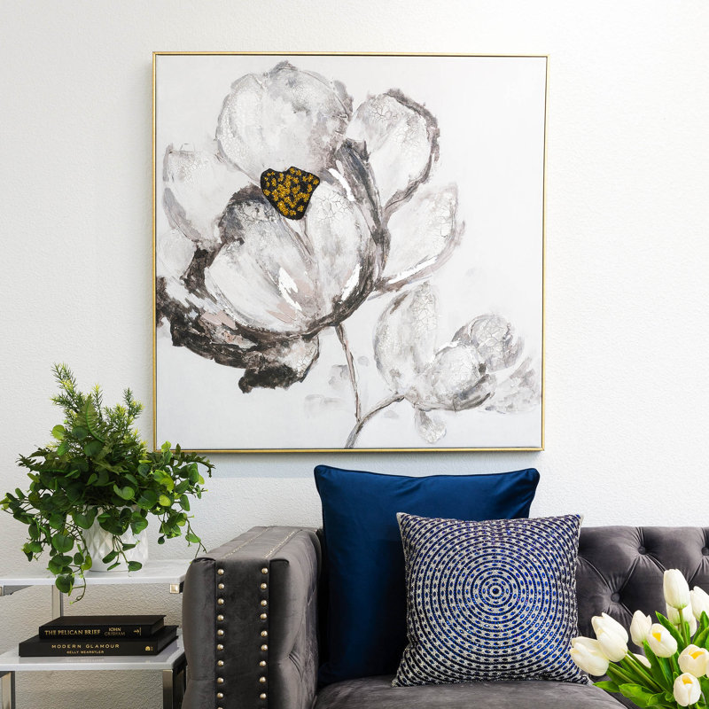 «Sparkles Home», art mural sur toile strass 3D en noir et blanc | Cadre flottant argenté et doré, 36 pi x 36 pi