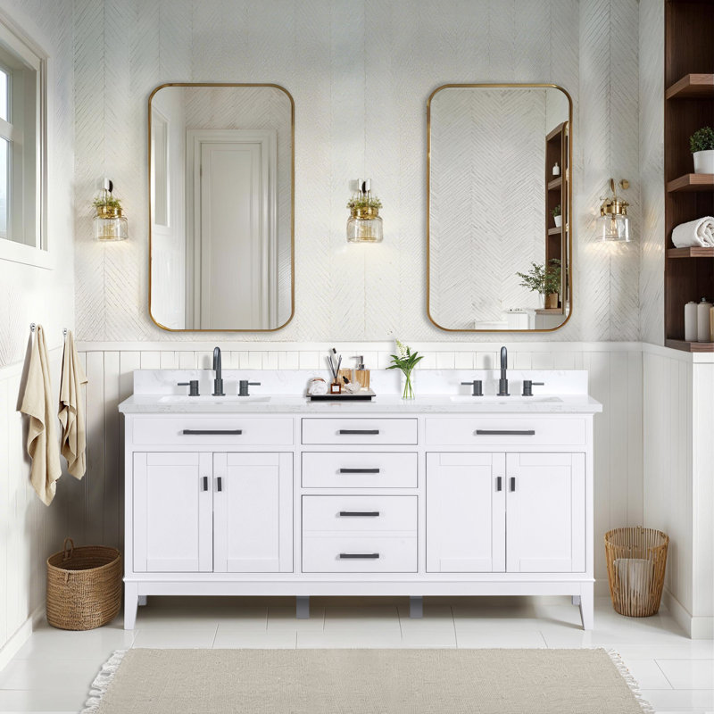 Ensemble de meuble-lavabo double 73 po avec plateau Gearldine Anglet, Blanc, Blanc cala