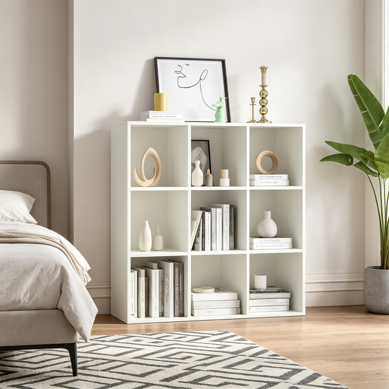 9-Cube Storage Shelf Bookcase - Wooden 3-Tier Open Bookshelf for Home Office Display Cabinet Warm White, White