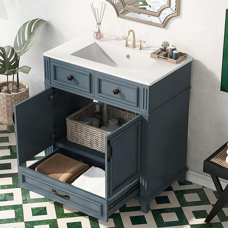 Meuble-lavabo de 30 po avec lavabo en céramique, armoire de rangement en bois massif avec portes à fermeture douce, style rétro, bleu