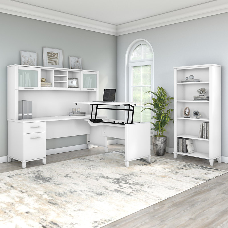 Bureau pour travailler debout en L à trois positions l 72 po avec rehausse et bibliothèque Magomed, Blanc