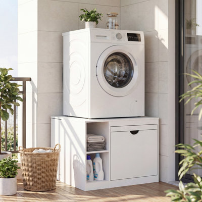 Universal Washer Dryer Laundry Pedestal with Drawer & Open Shelf, Heavy-Duty Anti-Vibration Washer Dryer Stand with Full-Panel
