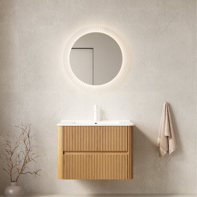 30" Bathroom Vanity with Sink, Wall-Mounted Floating Plywood Striped Bathroom Storage Cabinet with 2 Drawers, White Rectangle Ceramic Basin, No Faucet, Pre-assembled Natural Woodgrain