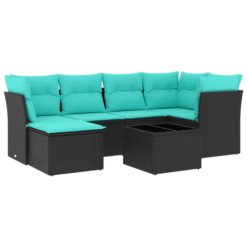 Ensemble de canapé de patio 7 pièces avec coussins en rotin de polyester, Bleu clair, Noir