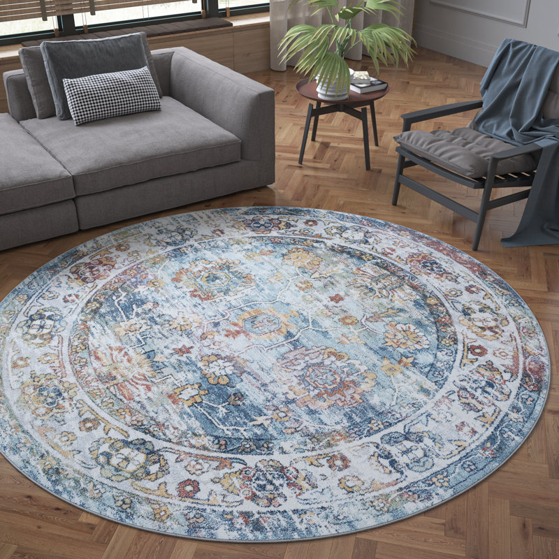 Athulya Gwendolyn Oriental Blue/Cream Area Rug, Round 7'10"