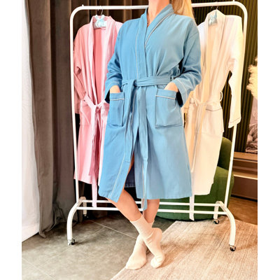 Unisex Waffle Cotton Kimono Robe Blue Small