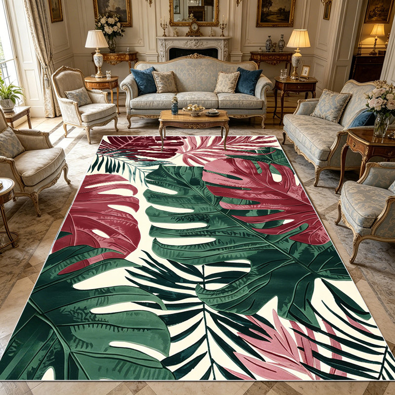 1PC Tropical Burgundy & Green Monstera Palm Leaf Print area rugs for Living Room, Soft, All seasons, Easy-maintain, Washable Indoor mat, Farmhouse suitable for entryway, bedroom, dining room, home office, patio, porch, Home Decor, Outdoor Decor.