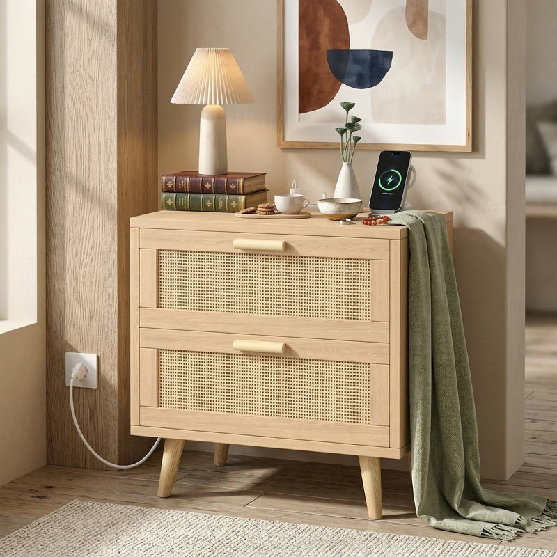 23.6" Wide Rattan Nightstand With Charging Station - 2-Drawer Boho Bedside Table With 2 USB & 2 AC Outlets - Wooden End Table With Solid Wood Legs - Natural Oak