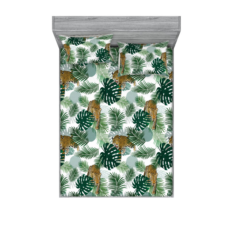 Drap-housse et taie décorative Ambesonne feuilles exotiques avec jaguars vert foncé et café pâle