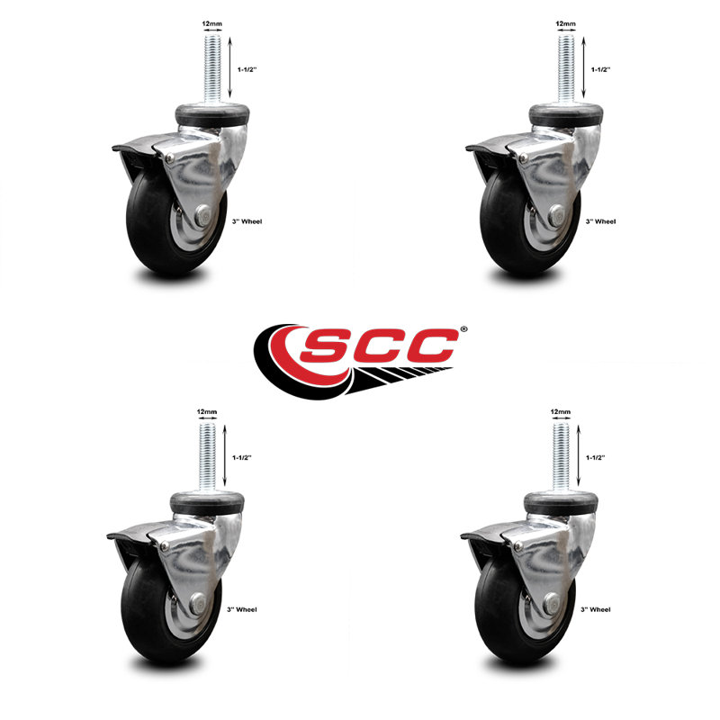 3 Inch Hooded Neoprene Rubber 12mm Threaded Stem Casters with Brakes Set 4 SCC