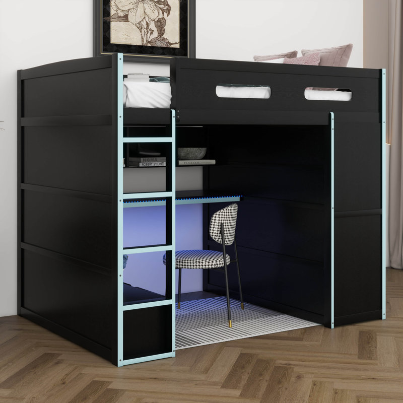 Full Size Wood Gaming Loft Bed With Built-In Desk, 2 Wardrobe, 2 Drawers, RGB LED Light And USB Port, Gamer-Inspired Design