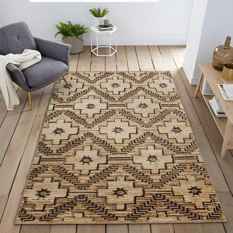Tapis décoratif à motif traditionnel noir et brun, Rectangle 4 pi 7,12 po x 6 pi 6,74 po