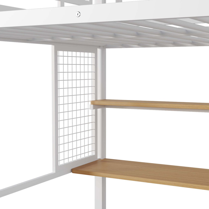 Lit mezzanine double en métal avec garde-robe, bureau, tablettes de rangement, blanc