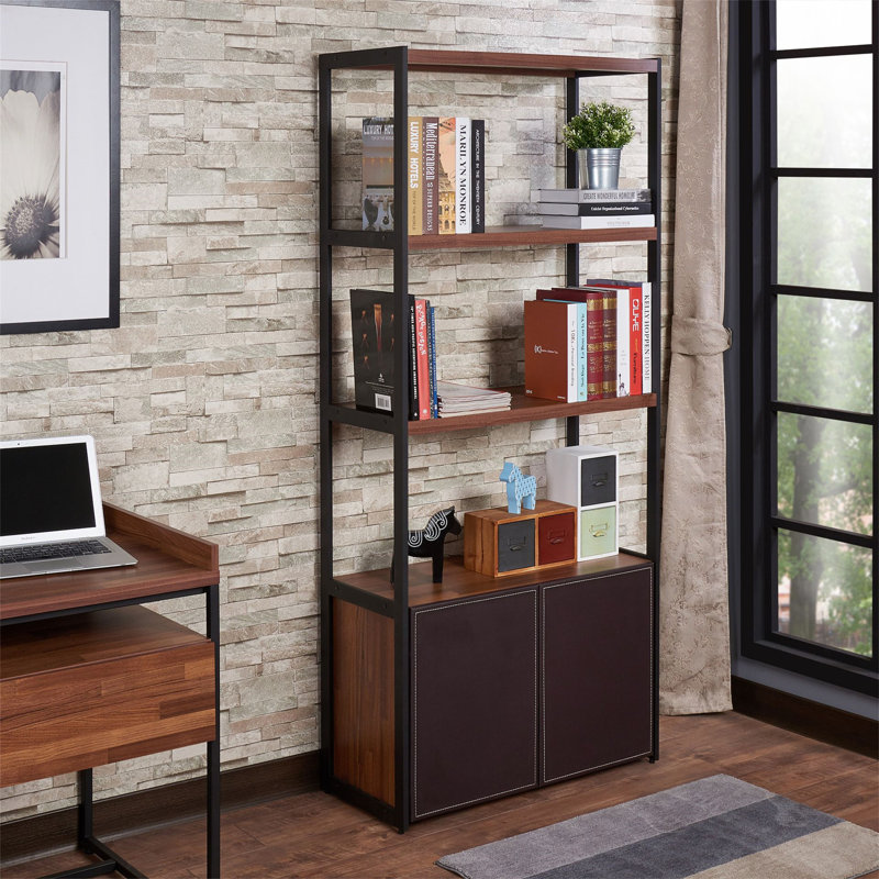 Bibliothèque Sara au fini noyer et noir sablé, solution de rangement durable et élégante pour les maisons modernes