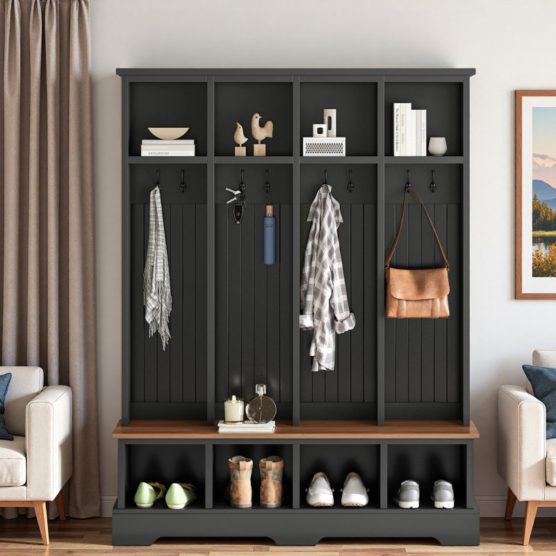 Farmhouse Wide Hall Tree With 8 Hooks, Bench And Open Compartments, Black