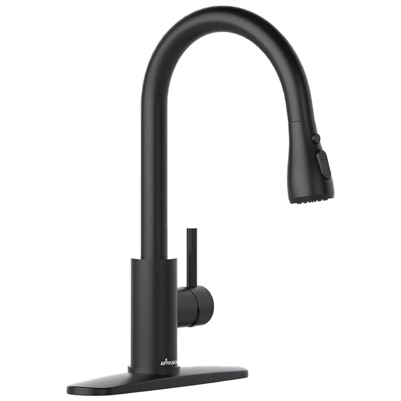 Pull Down Single Handle Kitchen Faucet with Deck Plate and Sprayer, Matte Black