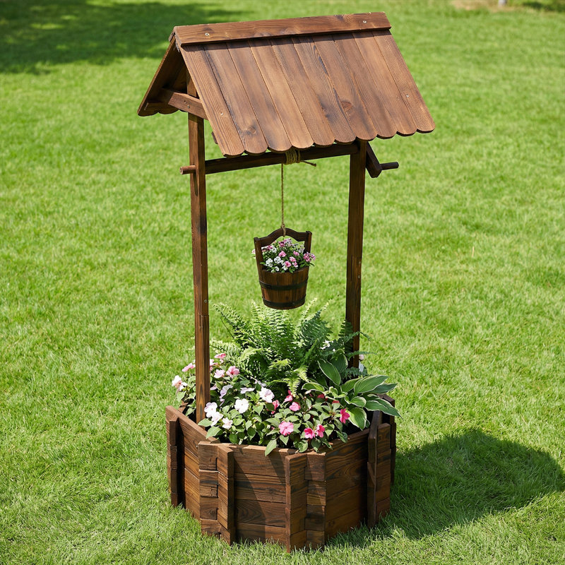 Jardinière décorative en bois souhaitant bien jardin - Décoration de patio / cour rustique avec toit ombragé et seau suspendu