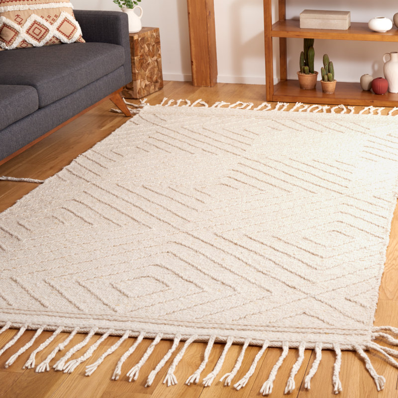 Baughman Handwoven Cotton/Wool Ivory Area Rug, Rectangle 5' x 8'