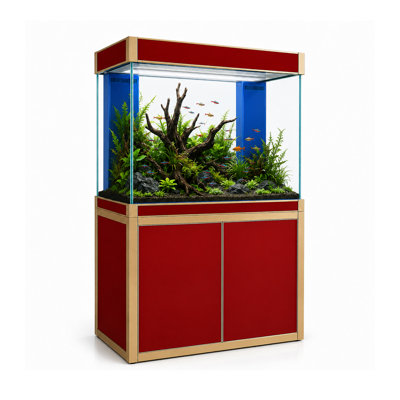  100 Gallon Freshwater Glass Aquarium with Aluminum Cabinet - All in One Fish Tank System with Sump Filtration Integrated Plumbing and LED Lighting in Red with Gold Trim