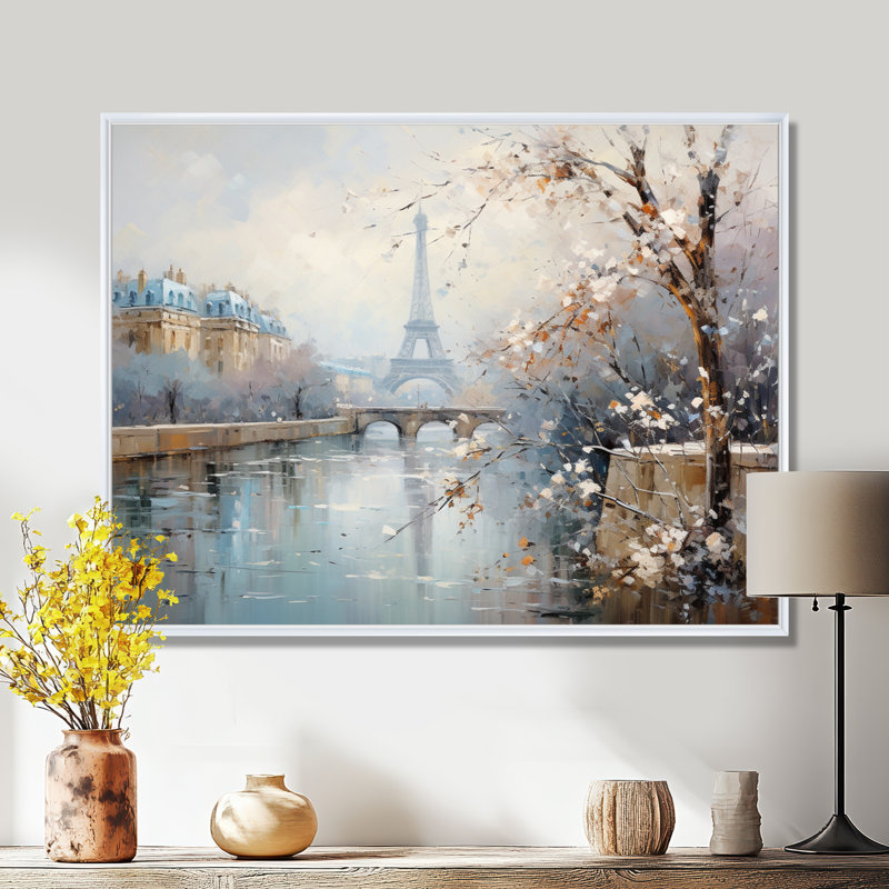 Hiver Paris, Tour Eiffel, charme de ville I - Paris, art mural, Cadre flottant blanc, H 16 po x l 32 po x P 1 po