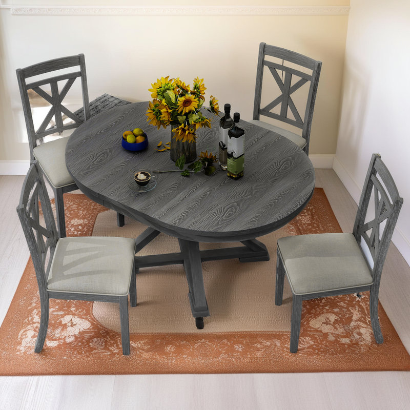 5-Piece Vintage Extendable Dining Table Set, Round-to-Oval Table & 4 Padded Chairs, Grey, Grey