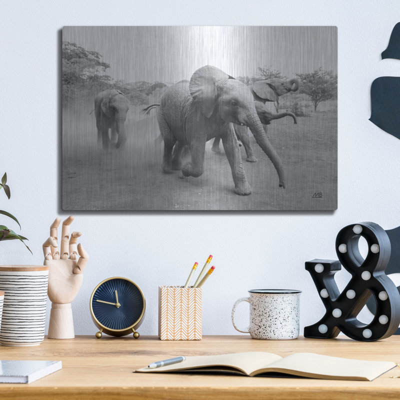 Art mural en métal luxueux «Elephant Race Bw» par Max Blakesberg Studios, 16 po x 12 po, H 12 po x l 16 po