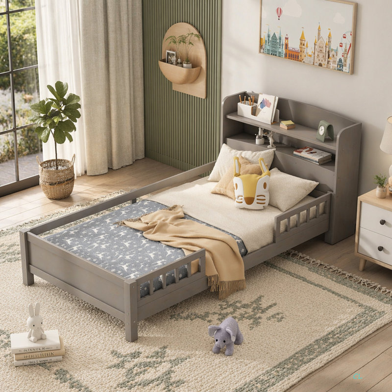 Lit plateforme simple en bois avec éclairage à DEL intégré, tête de lit avec rangement et garde-corps, Gris