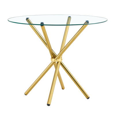 Round Clear Glass Dining Table With A Unique Shape For 4-6 People, With Ring-Shaped Gathered Gold Metal Legs, Suitable For Desks, Kitchens, Terraces, Dining Rooms. W1151P208338