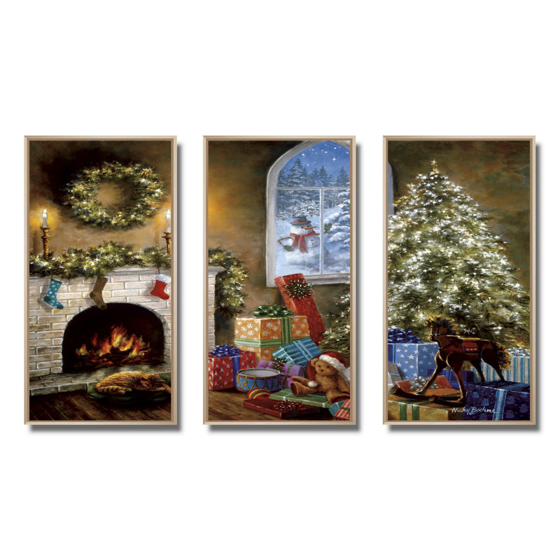 «Christmas Eve With Presents By Fire Place», ensemble de 3 toiles d'art encadrées traditionnelles