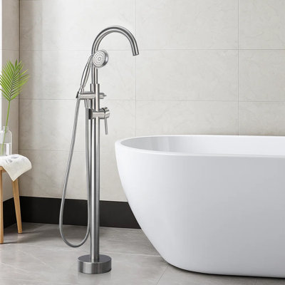 Freestanding Floor-mount Tub Filler With Hand Shower, Round Design, 2-handle