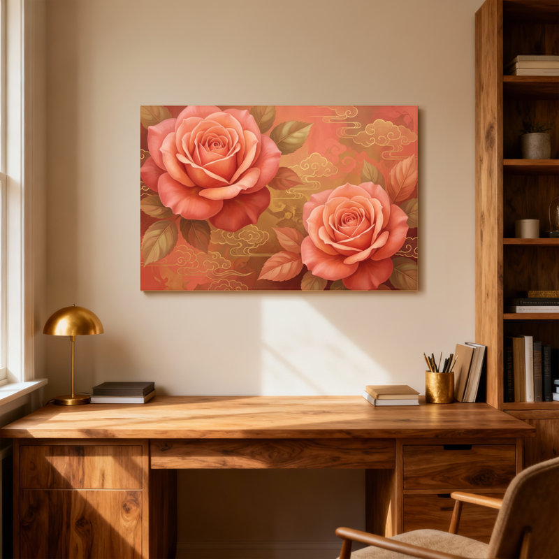 Plantes et fleurs, motif floral rose avec motifs de nuages, H 24 po x l 36 po